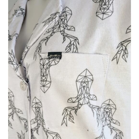NEW Eddie Bauer Womens Flannel Sleep Shirt Medium White Gray Deer Button Down - Picture 9 of 12